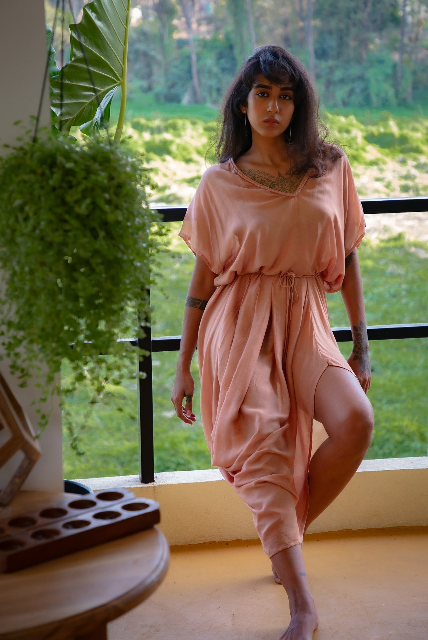 Drawstring Drape Dress - Dusty Peach