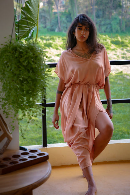 Drawstring Drape Dress - Dusty Peach