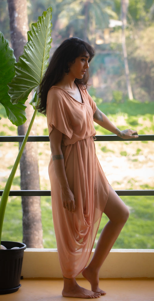Drawstring Drape Dress - Dusty Peach
