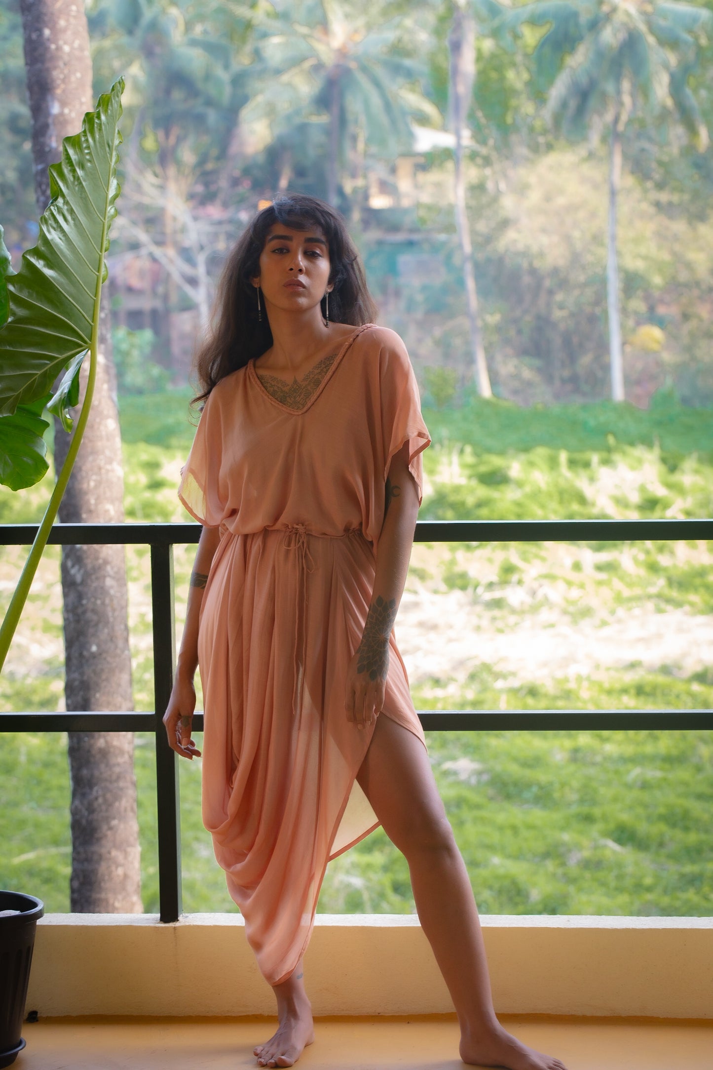 Drawstring Drape Dress - Dusty Peach